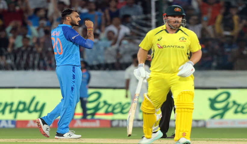 Indian bowler Axar Patel celebrates Australian captain Aaron Finch's wicket during the third T20 cricket match between India and Australia at Rajiv Gandhi International Stadium in Hyderabad