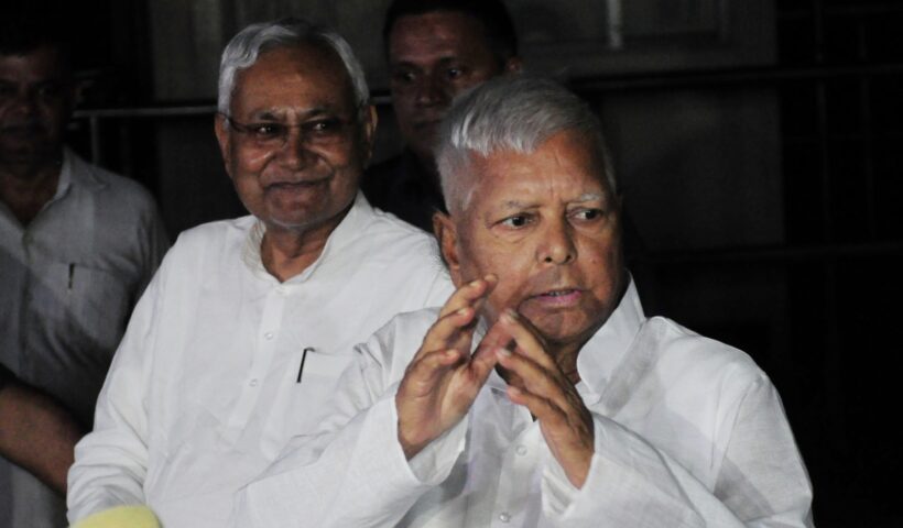 Bihar CM Nitish Kumar and RJD chief Lalu Yadav address media after meeting Congress interim president Sonia Gandhi, in New Delhi
