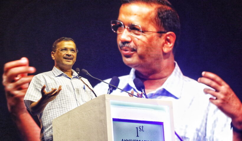 New Delhi: Delhi CM Arvind Kejriwal addresses during an interaction with students and teachers on the occasion of the 1st anniversary of Deshbhakti Curriculum programme as looks on,
