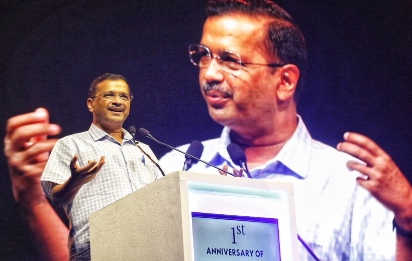 New Delhi: Delhi CM Arvind Kejriwal addresses during an interaction with students and teachers on the occasion of the 1st anniversary of Deshbhakti Curriculum programme as looks on,