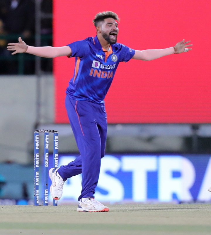 Dharamsala :India's Mohammed Siraj reacts during the third Twenty20 international cricket match in Dharamsala