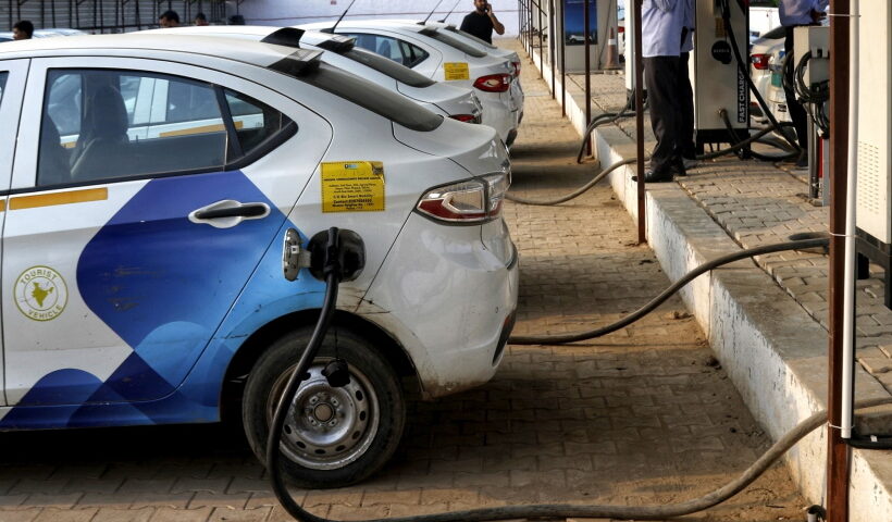 Gurugram : Vehicles stand on a charging mode at India's largest Electric vehicle's Charging Station and Solutions during the trial run Delhi to Jaipur in Nawada Fatehpur Sector 86 Gurugram, Haryana