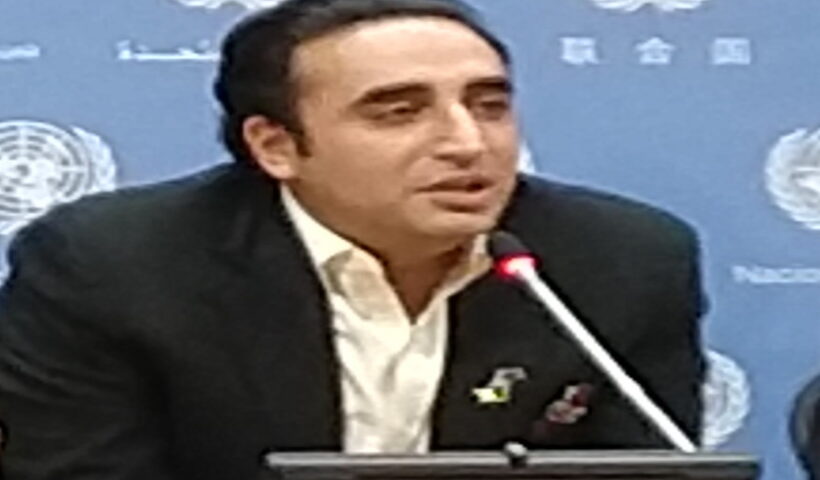 Pakistan's Foreign Minister Bilawal Bhutto Zardari speaks at a news conference at the United Nations headquarters