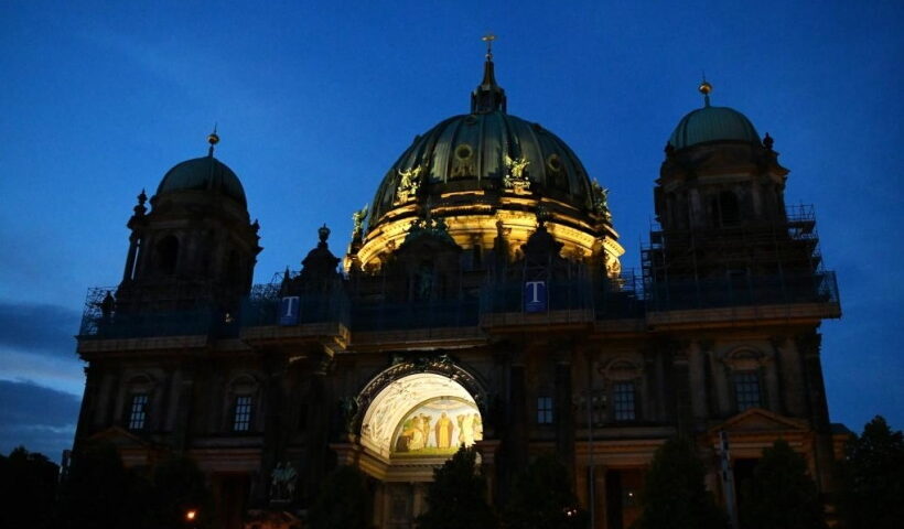 Photo taken on July 29, 2022 shows a night view of the Berlin Cathedral in Berlin, Germany. (Xinhua/Ren Pengfei/IANS)