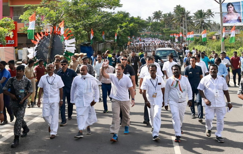 Congress leader Rahul Gandhi with party members and supporters during the third consecutive day of 'Bharat Jodo Yatra', in Kanyakumar