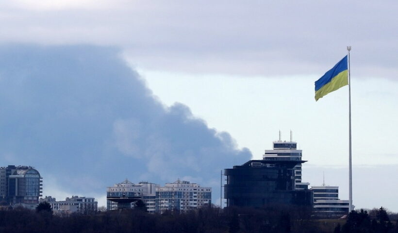 Smoke rising in the sky in Kiev, Ukraine