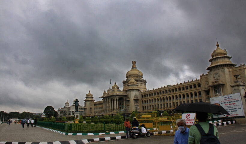 Bengaluru: Dark clouds hover over the Vidhana Soudha during a monsoon season in Bengaluru
