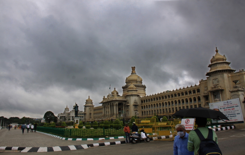 Bengaluru: Dark clouds hover over the Vidhana Soudha during a monsoon season in Bengaluru