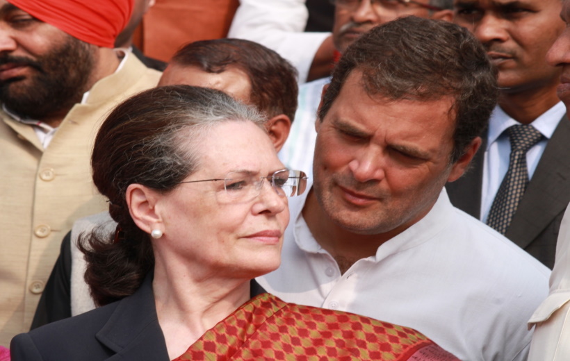 Congress President Sonia Gandhi and party leader Rahul Gandhi lead a protest of party MPs at Parliament in New Delhi