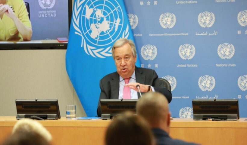 UN Secretary-General Antonio Guterres speaks to the press at the UN headquarters in New York