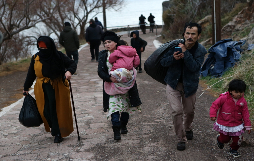 MYTILENE (GREECE), March 1, 2020 (Xinhua) -- Refugees from Afghanistan arrive at Skala Sikaminias, on the island of Lesvos, Greece,