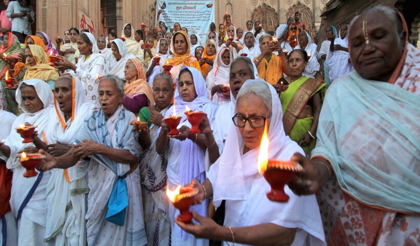 Vrindavan:Widows from Vindavan celebrate Diwali at Keshi Ghat bank of river Yamuna in Vrindavan
