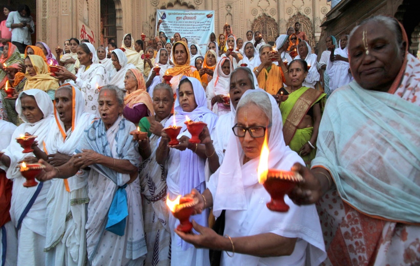 Vrindavan:Widows from Vindavan celebrate Diwali at Keshi Ghat bank of river Yamuna in Vrindavan