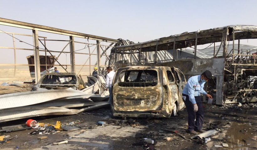 NASRIYAH, Sept. 14, 2017 (Xinhua) -- A policeman checks the site of a blast in west of the city of Nasriyah, in Iraq's southern province of Dhi Qar,