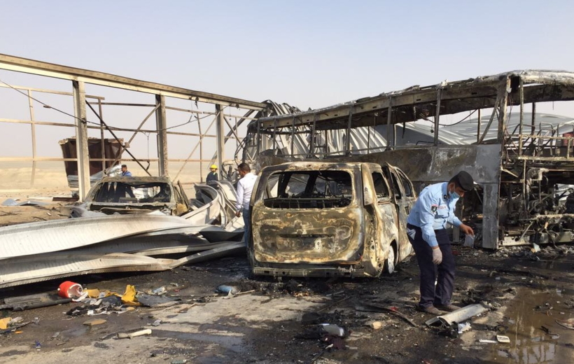 NASRIYAH, Sept. 14, 2017 (Xinhua) -- A policeman checks the site of a blast in west of the city of Nasriyah, in Iraq's southern province of Dhi Qar,