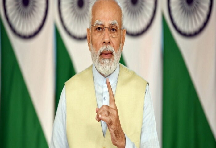 New Delhi : Prime Minister Narendra Modi addressing at the inaugural session of All India Conference of Law Ministers and Secretaries in Ekta Nagar, Gujarat through video message from New