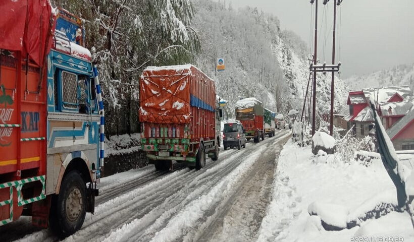 Vehicles left stranded on the Jammu-Srinagar National Highway that was closed for traffic due to shooting stones triggered by rains at Ramban, which is 150 kilometres from Jammu,