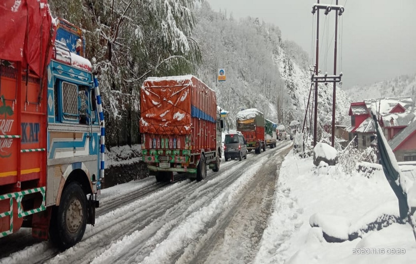 Vehicles left stranded on the Jammu-Srinagar National Highway that was closed for traffic due to shooting stones triggered by rains at Ramban, which is 150 kilometres from Jammu,
