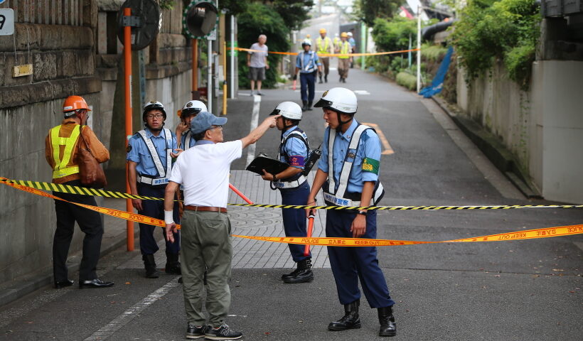 YOKOHAMA, Sept. 5, 2019 (Xinhua) -- Policemen set warning cordon near the accident scene in Yokohama, Japan