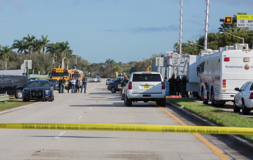PARKLAND (U.S.), Feb. 15, 2018 (Xinhua) -- The site of a mass shooting near Marjory Stoneman Douglas High School is sealed off in Parkland, Broward County, Florida, the United States,