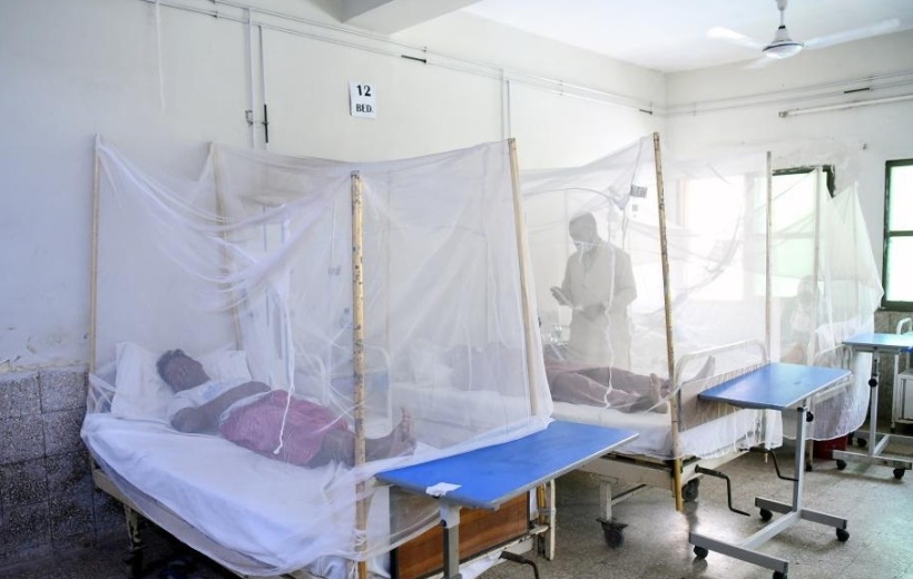 Patients affected with dengue fever are treated inside mosquito nets at a hospital in Islamabad,