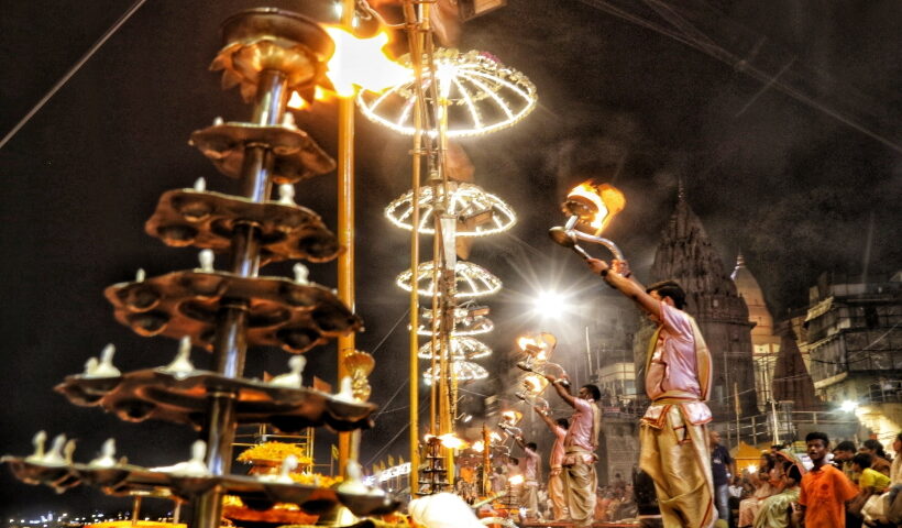 Varanasi : Devotees during the evening Ganga Aarti at Dashashwamedh Ghat in Varanasi