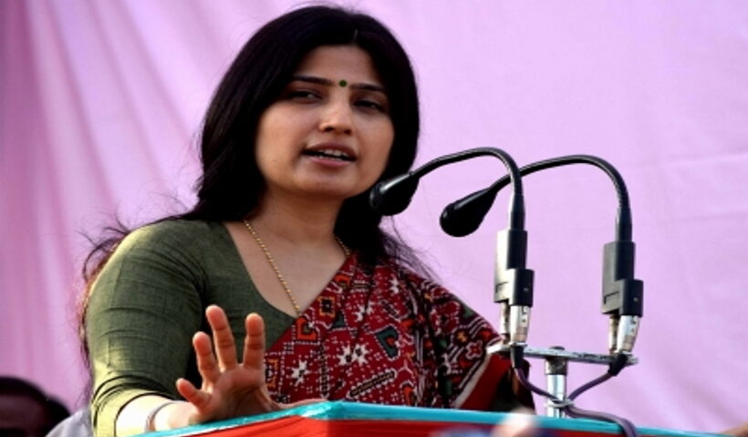 Allahabad: Samajwadi Party MPs Dimple Yadav addresses during a party rally in Allahabad