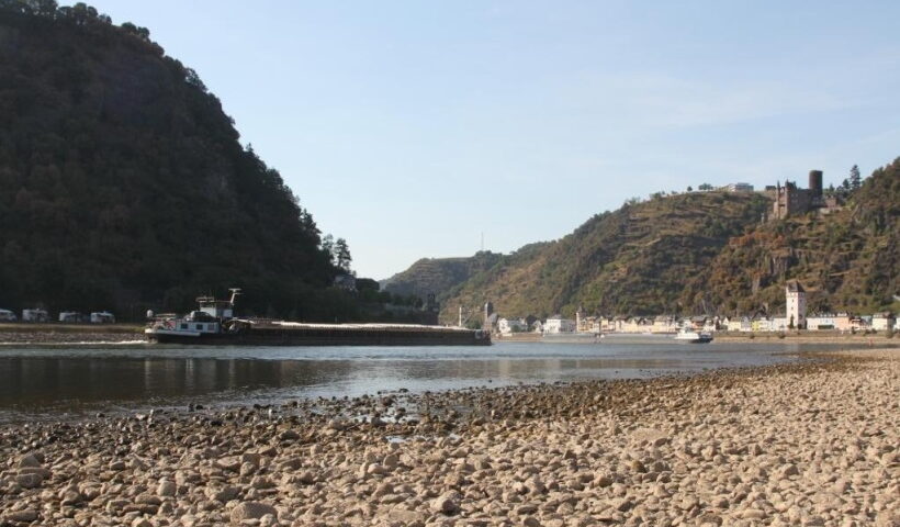 exposed riverbed of river Rhine in Kaub in the state of Rhineland-Palatinate, Germany