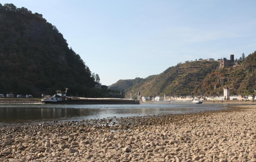 exposed riverbed of river Rhine in Kaub in the state of Rhineland-Palatinate, Germany