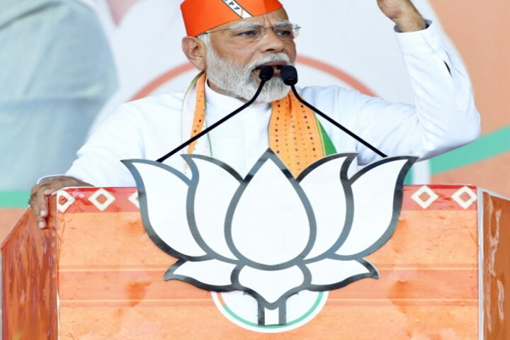 Prime Minister Narendra Modi during a public meeting for the assembly elections, in Bharuch on Sunday,
