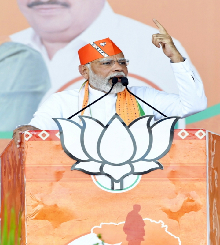 Prime Minister Narendra Modi during a public meeting for the assembly elections, in Bharuch on Sunday,