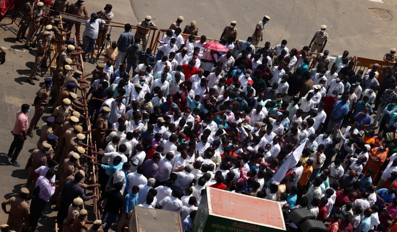Chennai: Members of the Indian Fishermen community take part in a protest against the Marine fisheries b