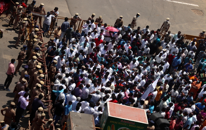 Chennai: Members of the Indian Fishermen community take part in a protest against the Marine fisheries b