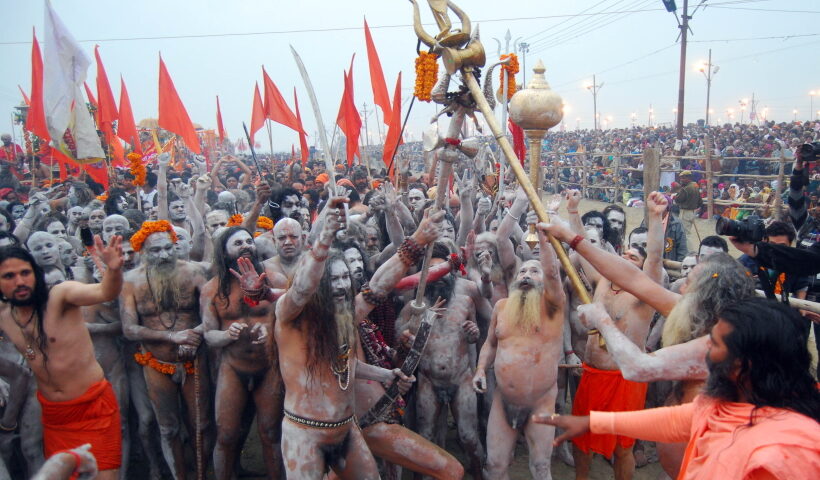 Devotees taking a holy dip on the occasion of Basant Panchami during the Maha Kumbh Mela