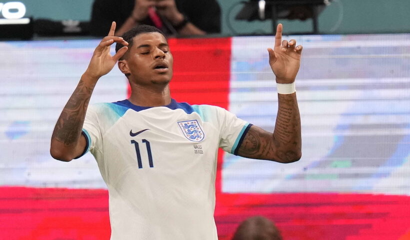 l Rayyan:England's Marcus Rashford celebrates after scoring his side's first goal during the World Cup group B soccer match between England and Wales