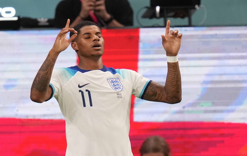 l Rayyan:England's Marcus Rashford celebrates after scoring his side's first goal during the World Cup group B soccer match between England and Wales