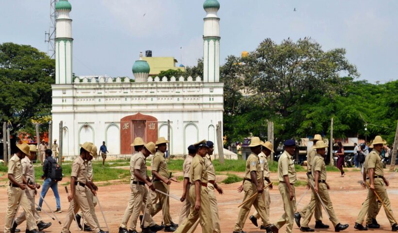 Bengaluru: Police personnel deployed at the disputed Idgah Maidan after Karnataka
