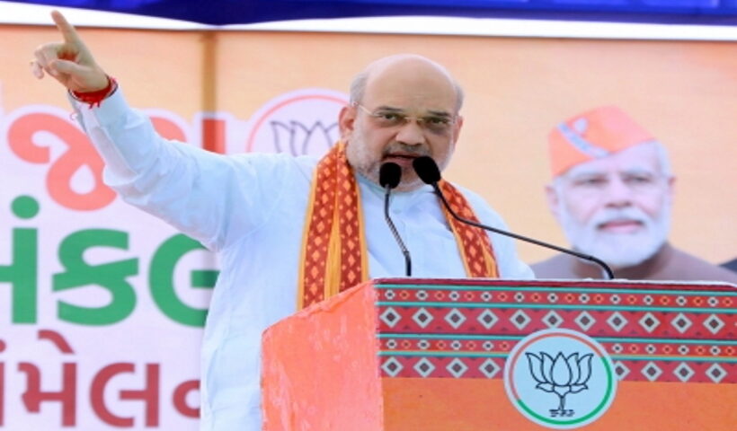 Bharuch: Union Home Minister Amit Shah addresses during an election meeting, at Vagara in Bharuch district