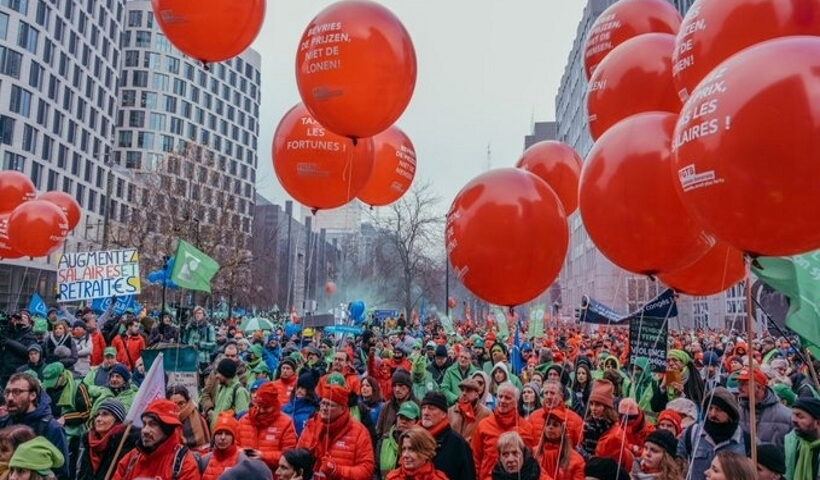 thousands protest in Brussels, Belgium, for higher wages