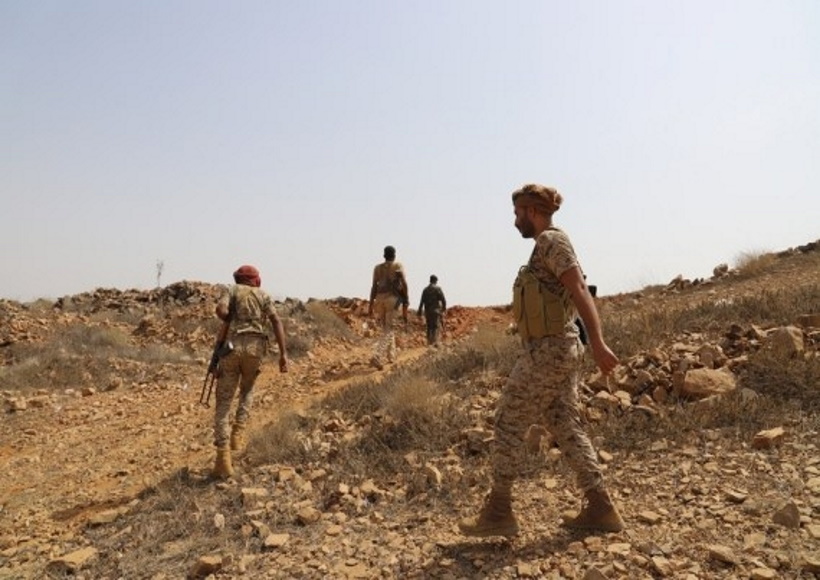emeni government soldiers patrol in Harad district of Hajjah province, which is a frontline between the Houthi militia and the internationally-recognized government in northern