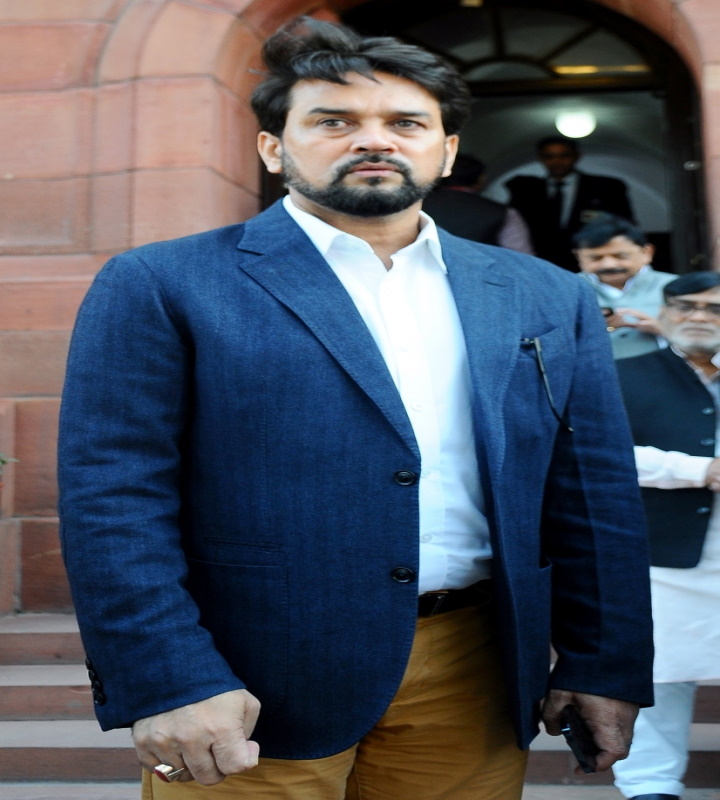 New Delhi: Union Minister Anurag Thakur at Parliament Complex during the winter session of the House, in New Delhi on Tuesday,