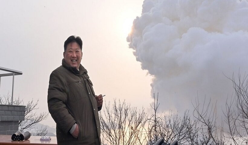 North Korean leader Kim Jong-un inspects a ground test of a "high-thrust solid-fuel motor" at Sohae Satellite Launching Ground in Cholsan