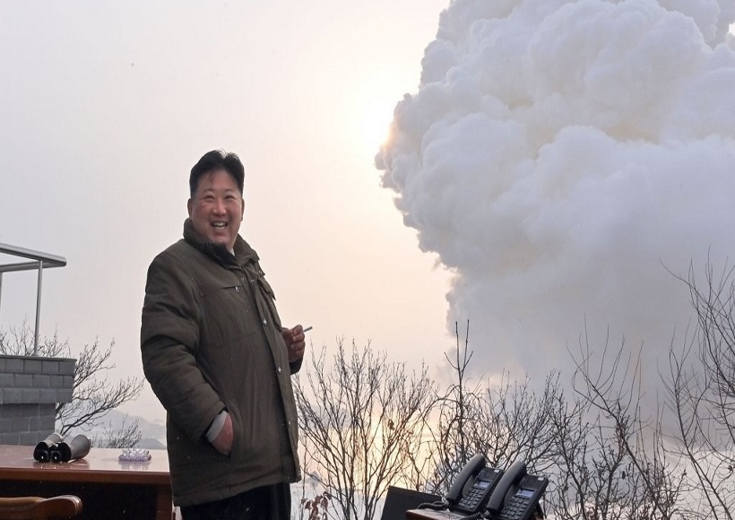 North Korean leader Kim Jong-un inspects a ground test of a "high-thrust solid-fuel motor" at Sohae Satellite Launching Ground in Cholsan