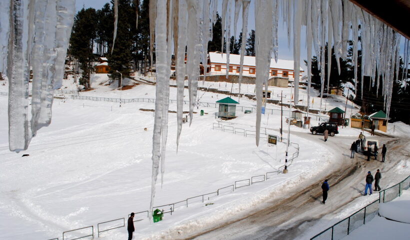 Icicles hang from ceiling of a house in Gulmarg during `Chillai Kalan