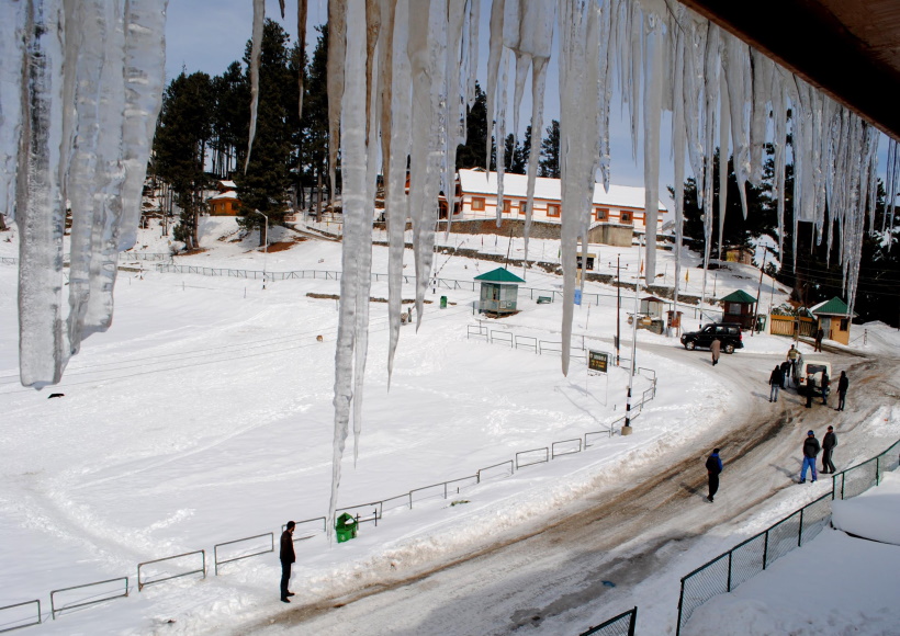 Icicles hang from ceiling of a house in Gulmarg during `Chillai Kalan