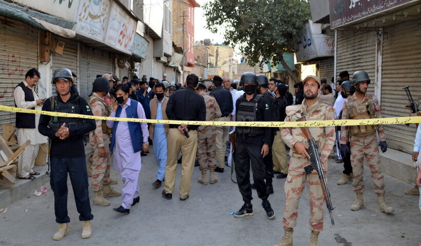 UETTA, Aug. 6, 2019 (Xinhua) -- Security officers cordon off the blast site in Quetta city of Pakistan's southwest Balochistan province on Aug. 6, 2019. A blast hit Quetta city of Pakistan's southwest Balochistan province on Tuesday