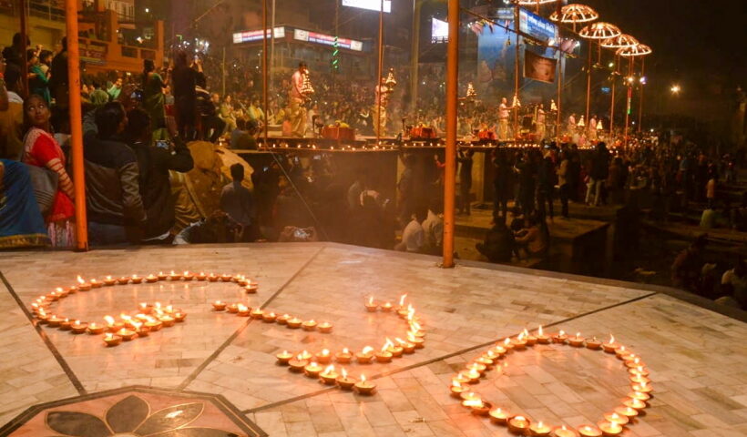 Varanasi: Lamps arranged in a pattern that reads 'G-20' during Ganga Aarti, at Dashashwamedh Ghat, in Varanasi