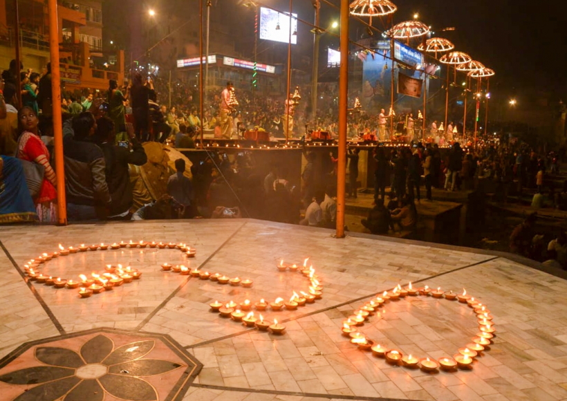 Varanasi: Lamps arranged in a pattern that reads 'G-20' during Ganga Aarti, at Dashashwamedh Ghat, in Varanasi