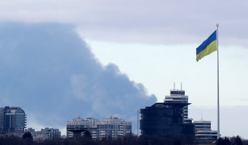 Smoke rising in the sky in Kiev, Ukraine
