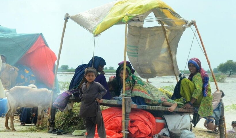 Flood affected people are seen in Jamshoro district, Pakistan